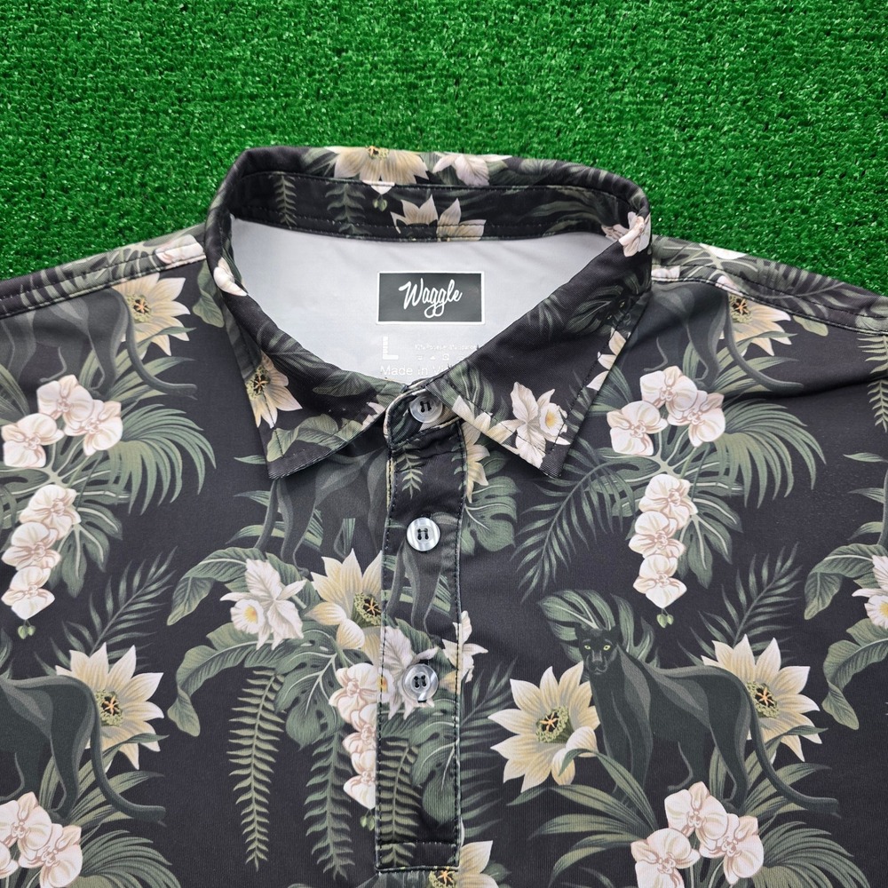 Waggle Polo Shirt Mens Large Black Floral Tropical Print Golf Performance AOP‎ - Picture 2 of 7